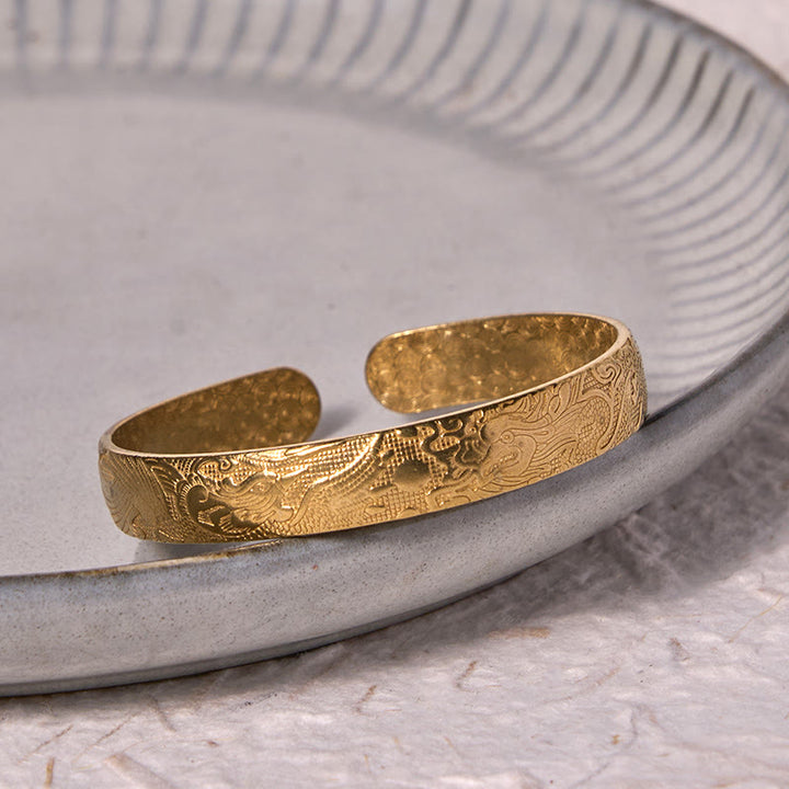 Buddha Stones Dragon And Phoenix Playing With A Pearl Carved Copper Brass Luck Protection Bracelet Bangle - image 10