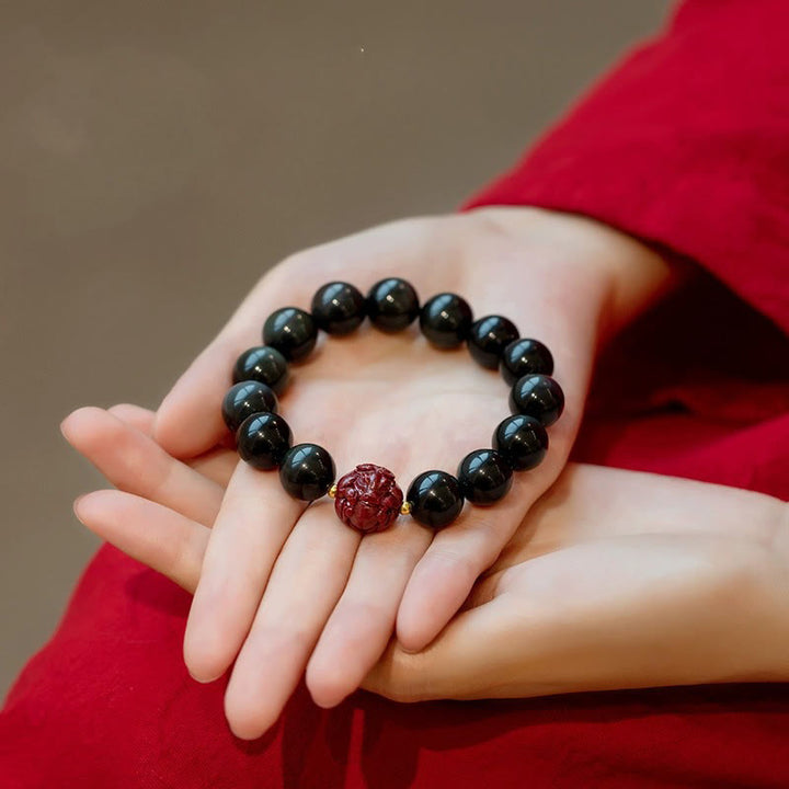 Buddha Stones Chinese Zodiac Natural Black Obsidian Cinnabar Purification Bracelet