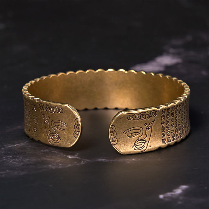 Buddha Stones Heart Sutra Lotus Flower Copper Brass Peace Enlightenment Cuff Bracelet Bangle