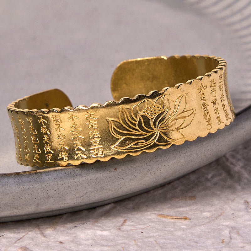 Buddha Stones Heart Sutra Lotus Flower Copper Brass Peace Enlightenment Cuff Bracelet Bangle - image 12