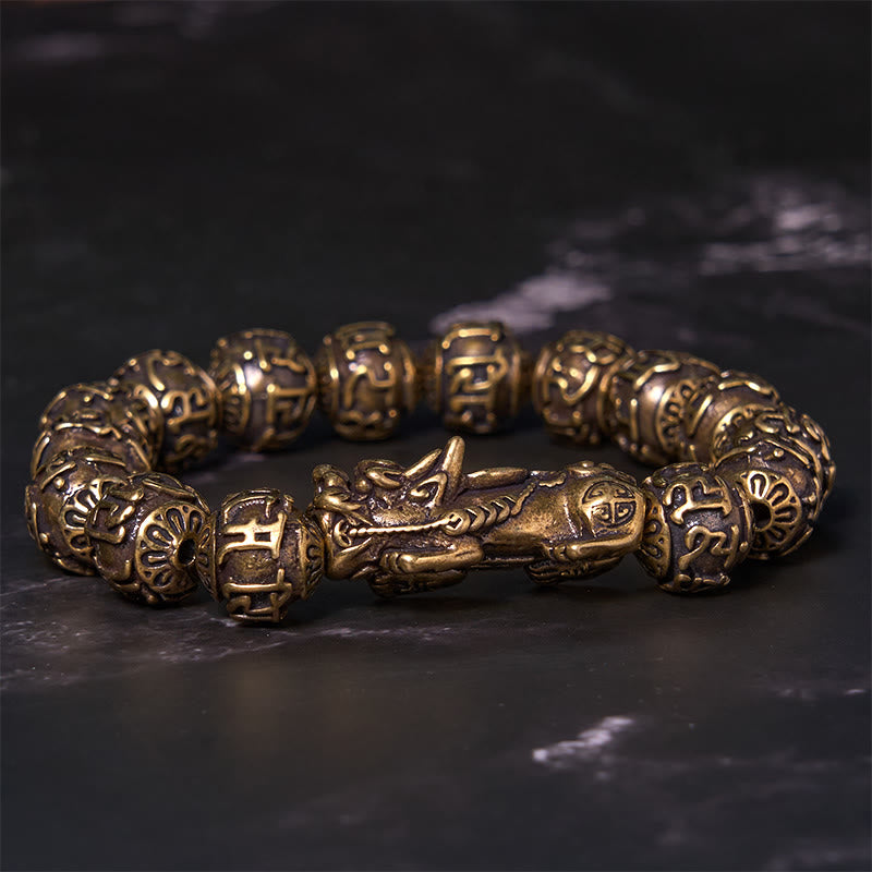 Buddha Stones Pi Xiu Carrying Fu Character Six True Words 'om Mani Padme Hum' Copper Beads Wealth Bracelet Bangle