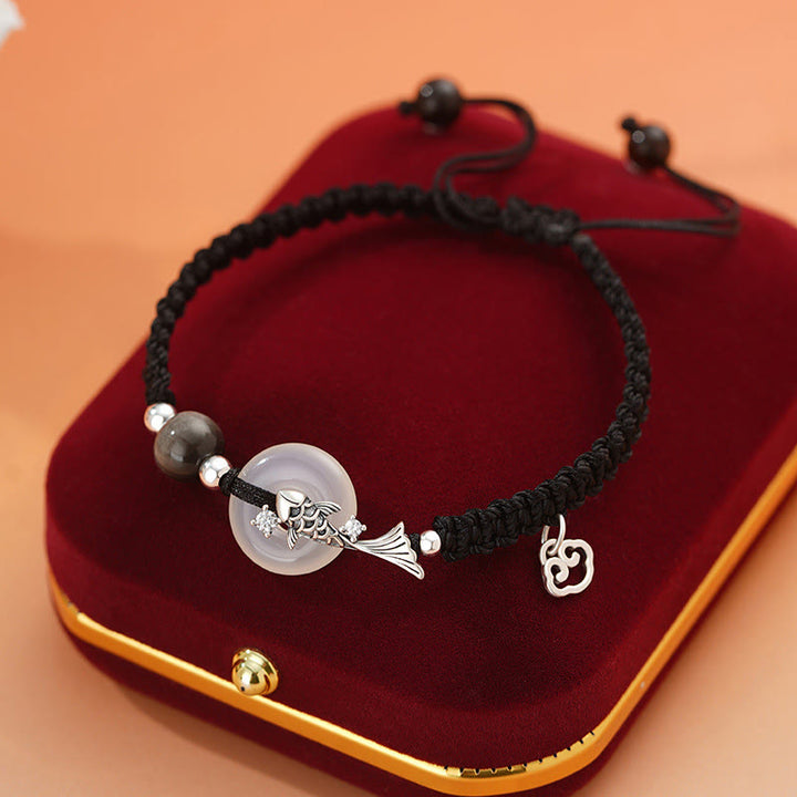 Buddha Stones Handmade Chalcedony Peace Buckle Koi Fish 925 Sterling Silver Braided String Positive Couple's Bracelet