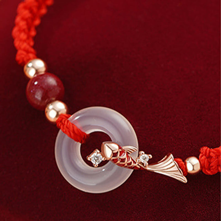 Buddha Stones Handmade Chalcedony Peace Buckle Koi Fish 925 Sterling Silver Braided String Positive Couple's Bracelet - image 9