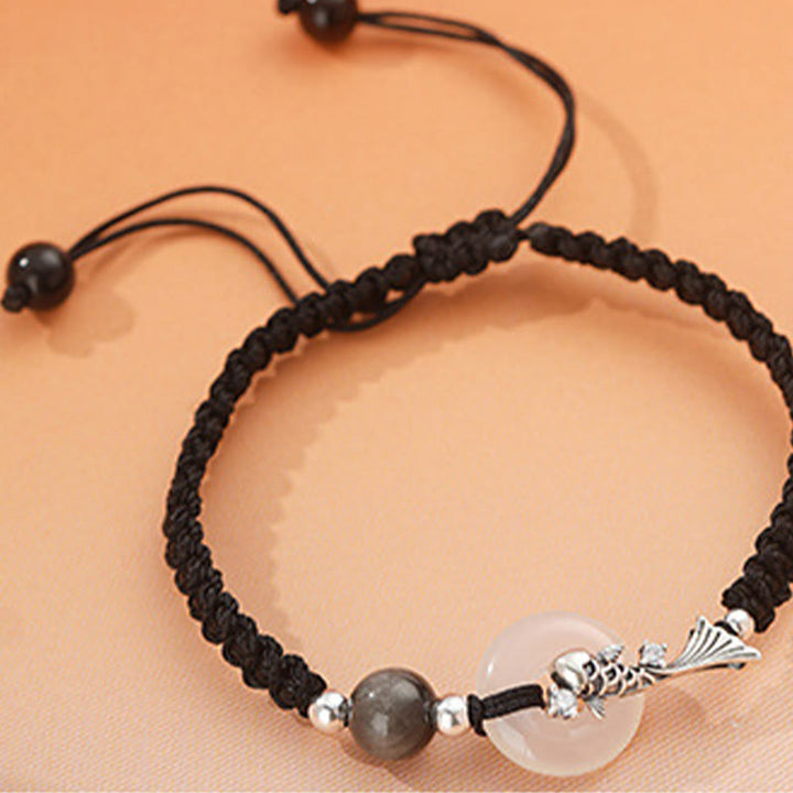 Buddha Stones Handmade Chalcedony Peace Buckle Koi Fish 925 Sterling Silver Braided String Positive Couple's Bracelet