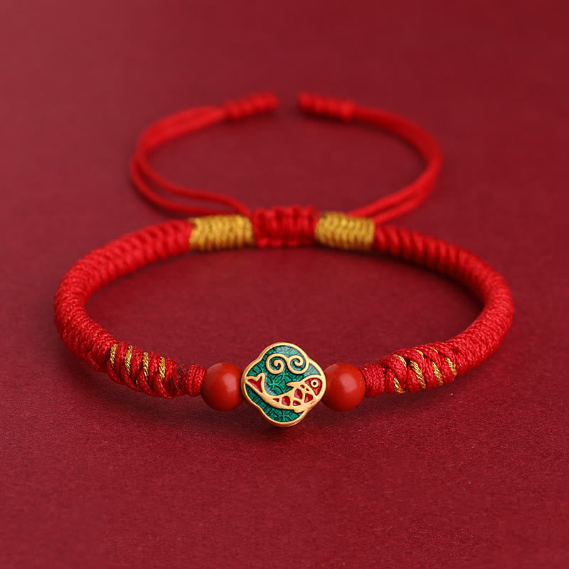 Buddha Stones Handmade Cinnabar Copper Brass Koi Fish Fu Braided String Blessing Bracelet