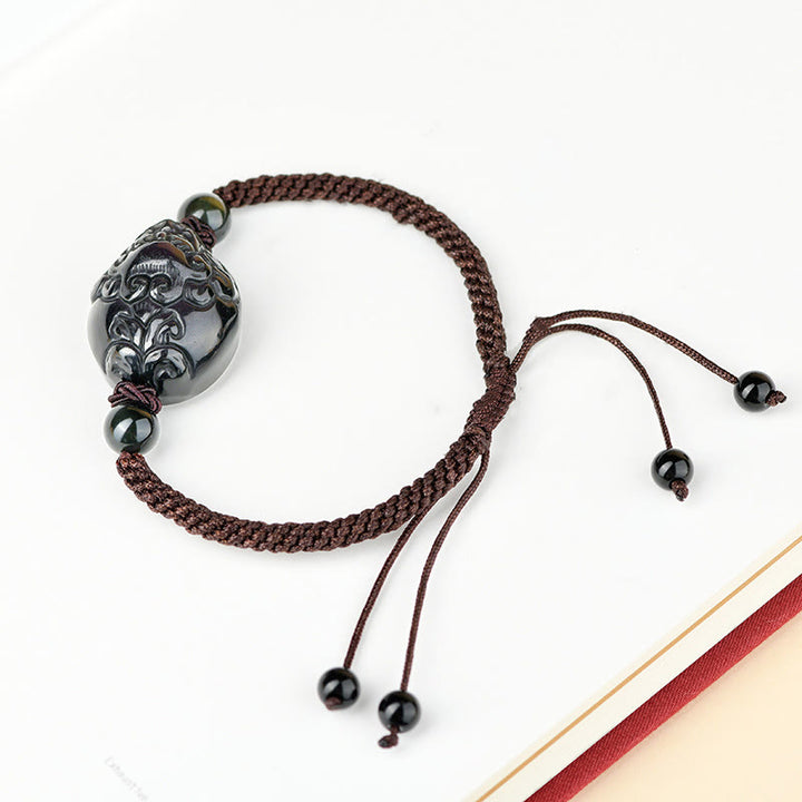 Buddha Stones Black Obsidian Fox Pi Xiu Laughing Buddha Fulfillment Rope Bracelet