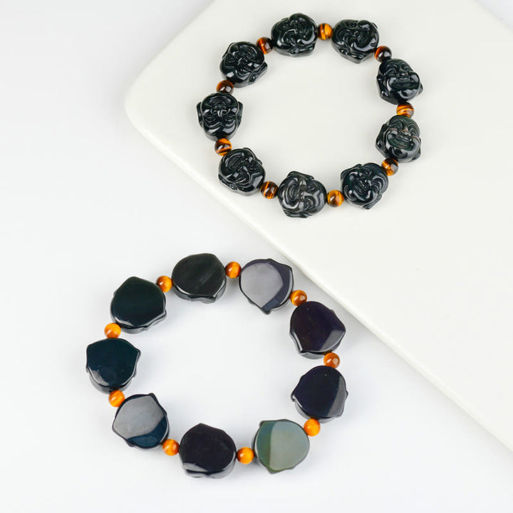 Buddha Stones Rainbow Obsidian Laughing Buddha Positive Transformation Bracelet