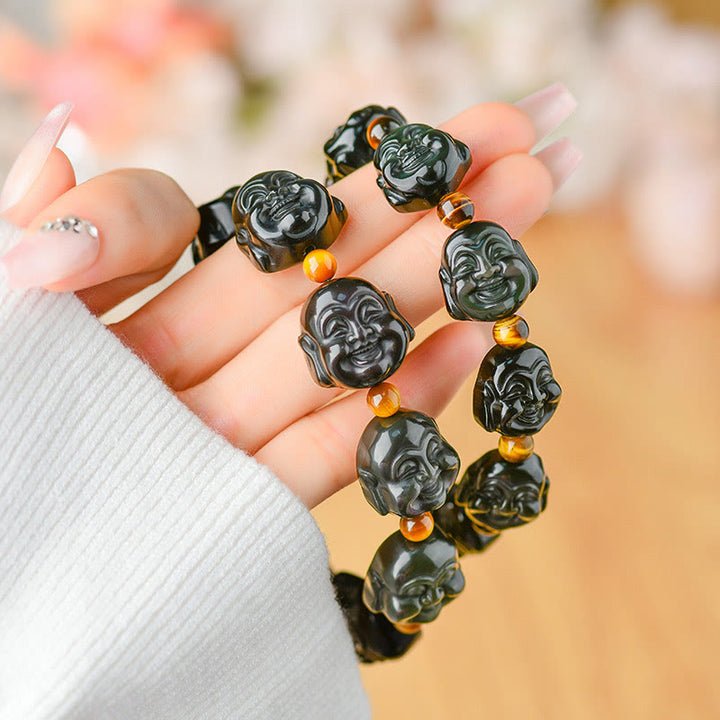 Buddha Stones Rainbow Obsidian Laughing Buddha Positive Transformation Bracelet