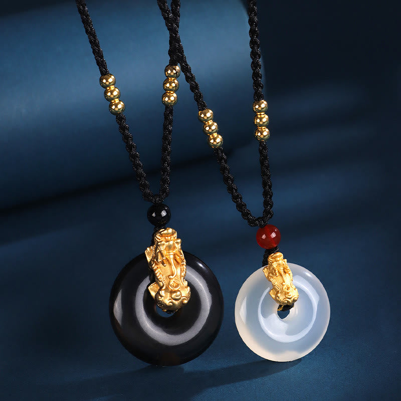Buddha Stones  Black Onyx White Agate Peace Buckle 999 Sterling Silver Gold PiXiu Fortune Necklace Pendant - image 1