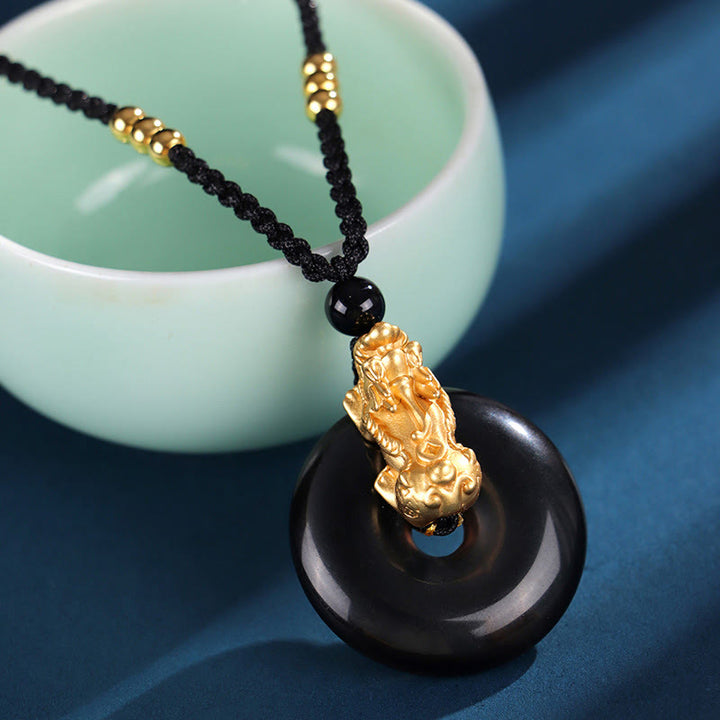 Buddha Stones  Black Onyx White Agate Peace Buckle 999 Sterling Silver Gold PiXiu Fortune Necklace Pendant - Black Onyx 999 Sterling Silver Gold PiXiu(Length: About 36cm) - image 2