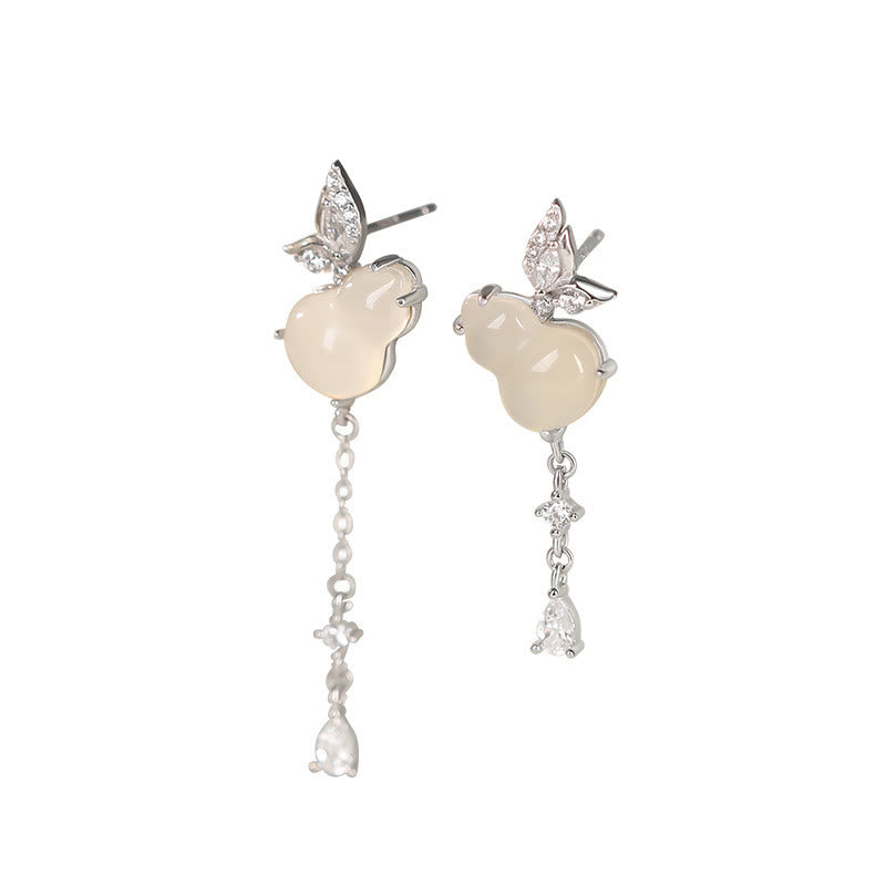 Buddha Stones Hetian Jade Magnolia Chalcedony 925 Sterling Silver Butterfly Gourd Luck Earrings