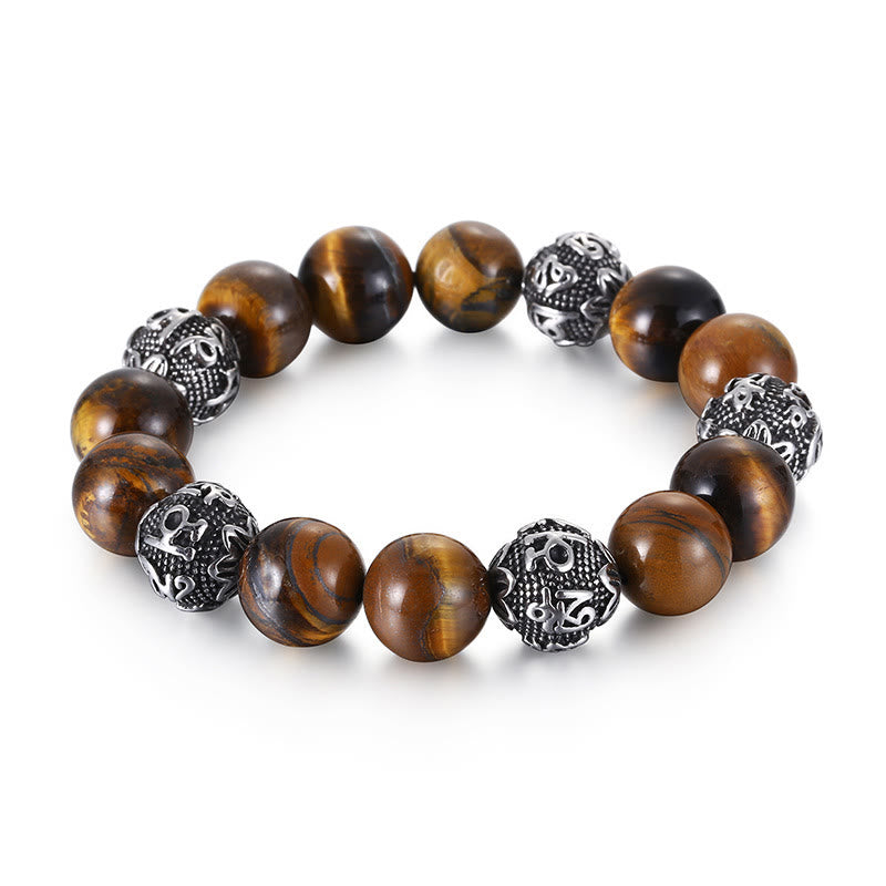 Buddha Stones Natural Lava Rock Tiger Eye Titanium Steel Six-True-Words Om Mani Padme Hum Healing Bracelet