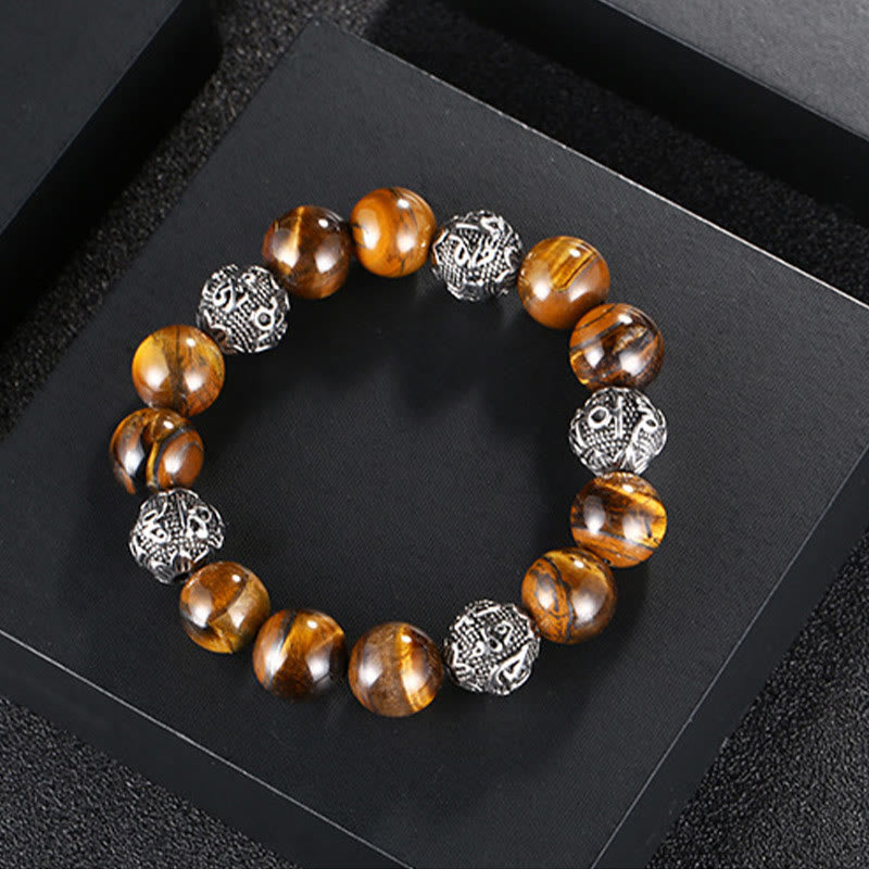 Buddha Stones Natural Lava Rock Tiger Eye Titanium Steel Six-True-Words Om Mani Padme Hum Healing Bracelet