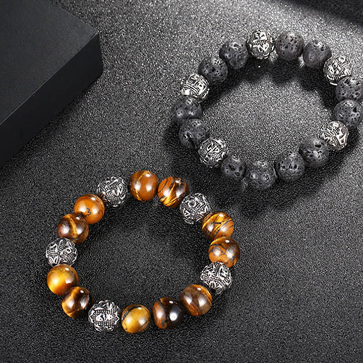 Buddha Stones Natural Lava Rock Tiger Eye Titanium Steel Six-True-Words Om Mani Padme Hum Healing Bracelet