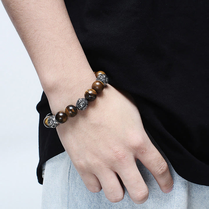 Buddha Stones Natural Lava Rock Tiger Eye Titanium Steel Six-True-Words Om Mani Padme Hum Healing Bracelet