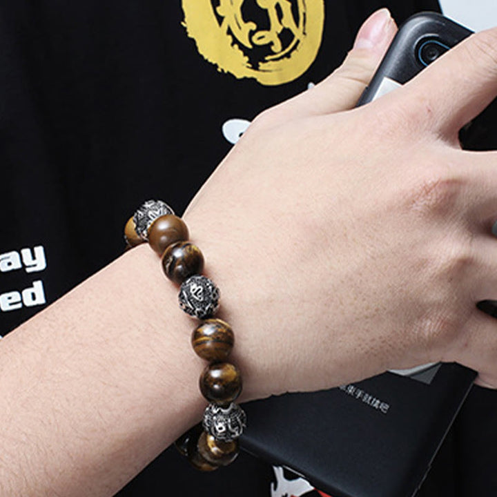 Buddha Stones Natural Lava Rock Tiger Eye Titanium Steel Six-True-Words Om Mani Padme Hum Healing Bracelet