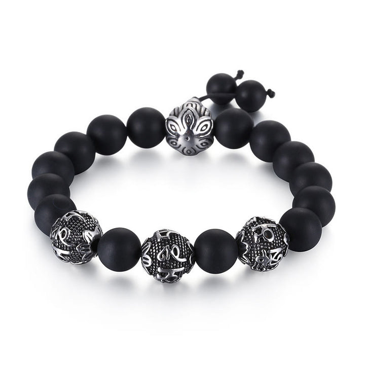 Buddha Stones Natural Tiger Eye Lava Rock Black Obsidian Titanium Steel Six-True-Words Om Mani Padme Hum Protection Bracelet