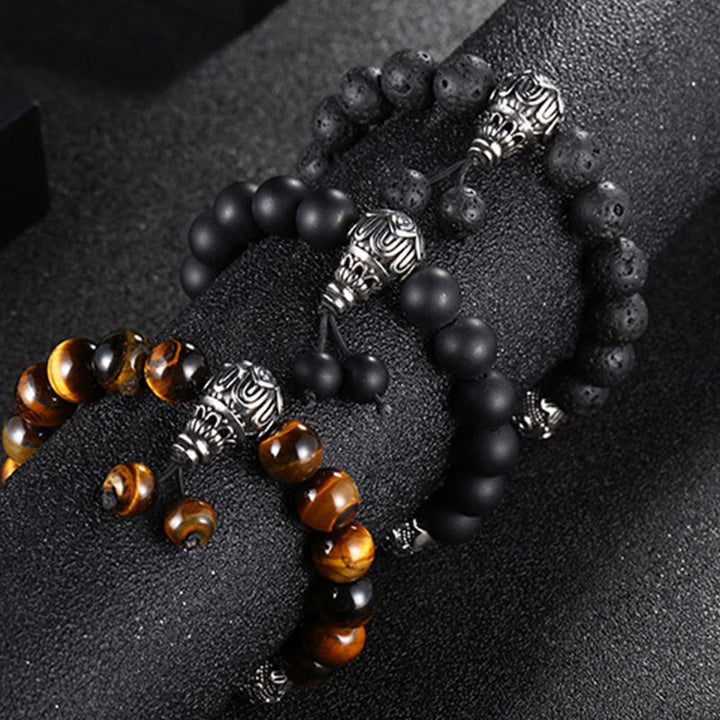 Buddha Stones Natural Tiger Eye Lava Rock Black Obsidian Titanium Steel Six-True-Words Om Mani Padme Hum Protection Bracelet