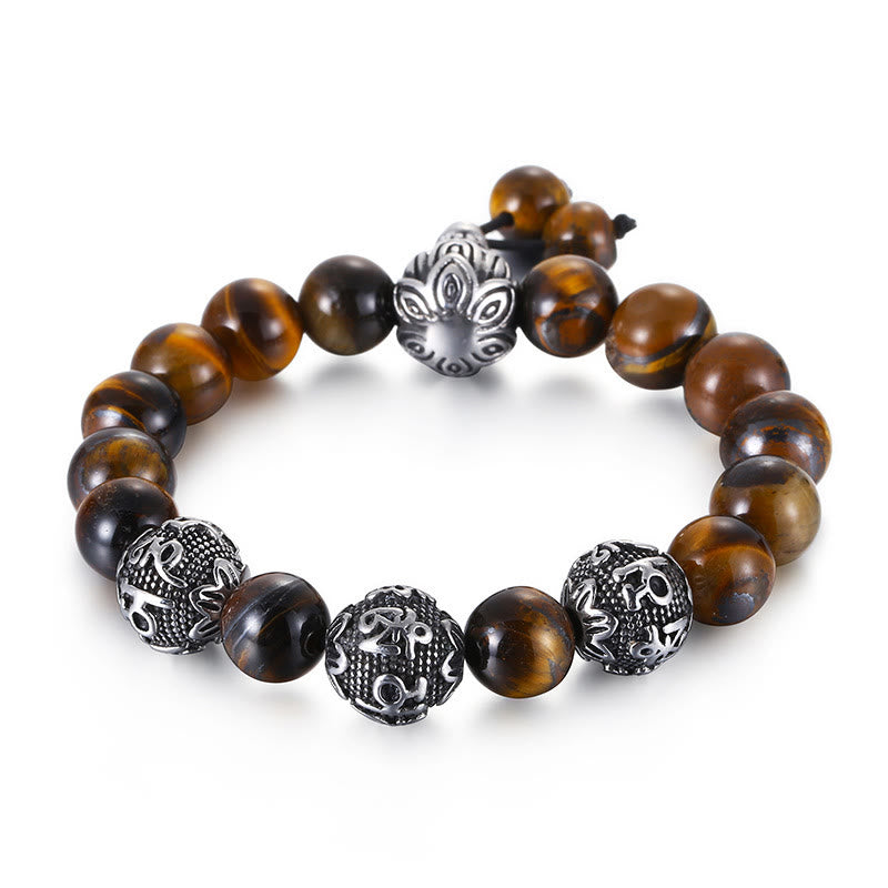 Buddha Stones Natural Tiger Eye Lava Rock Black Obsidian Titanium Steel Six-True-Words Om Mani Padme Hum Protection Bracelet