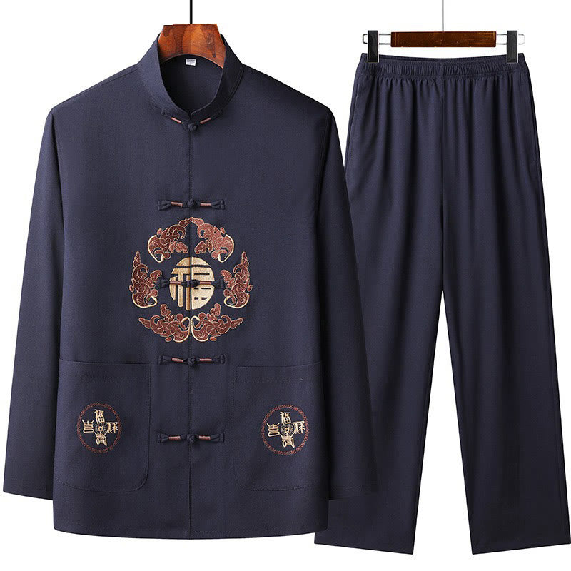 Buddha Stones Chinese New Year Embroidered Fu Tang Suit Hanfu Long Sleeve Top Pants Clothing Men's Set