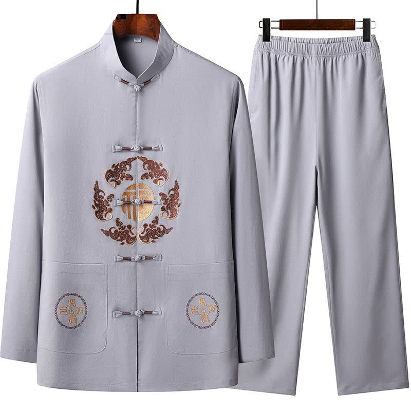 Buddha Stones Chinese New Year Embroidered Fu Tang Suit Hanfu Long Sleeve Top Pants Clothing Men's Set - Thistle - US/UK/AU44，EU54 (4XL) - image 2