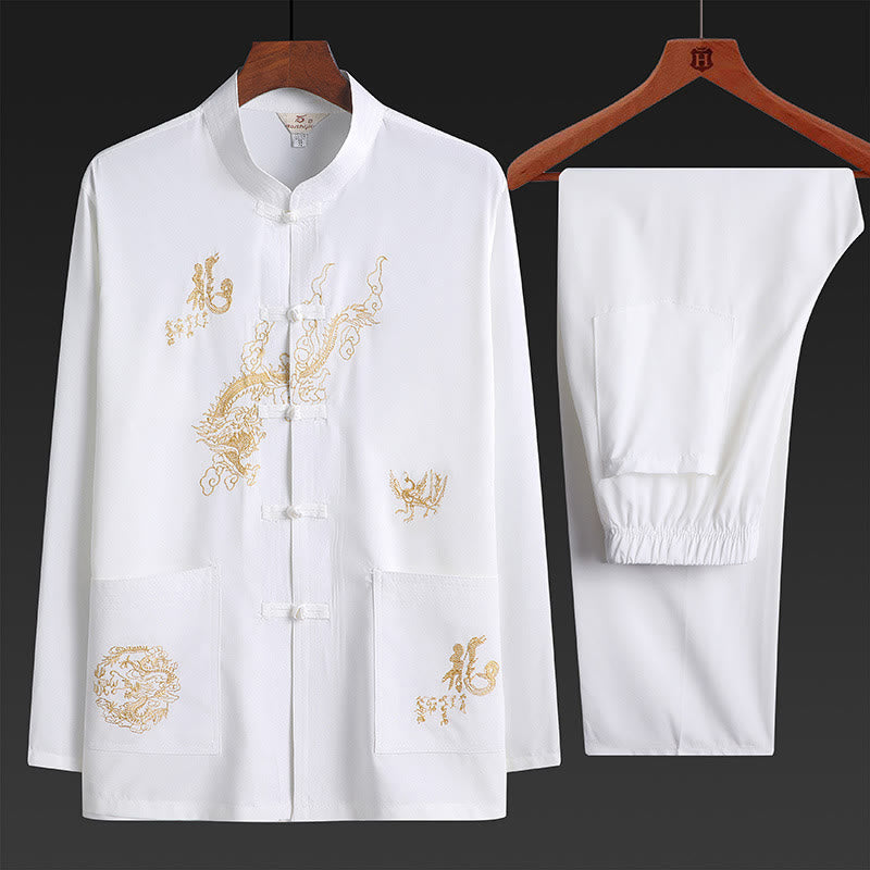 Buddha Stones Chinese New Year Embroidered Dragon Frog-button Tang Suit Hanfu Traditional Uniform Long Sleeve Top Pants Clothing Men's Set - White - US/UK/AU42，EU52 (3XL) - image 1