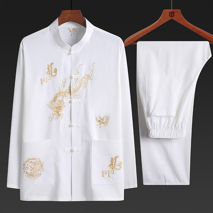 Buddha Stones Chinese New Year Embroidered Dragon Frog-button Tang Suit Hanfu Traditional Uniform Long Sleeve Top Pants Clothing Men's Set - White - US/UK/AU42，EU52 (3XL) - image 1