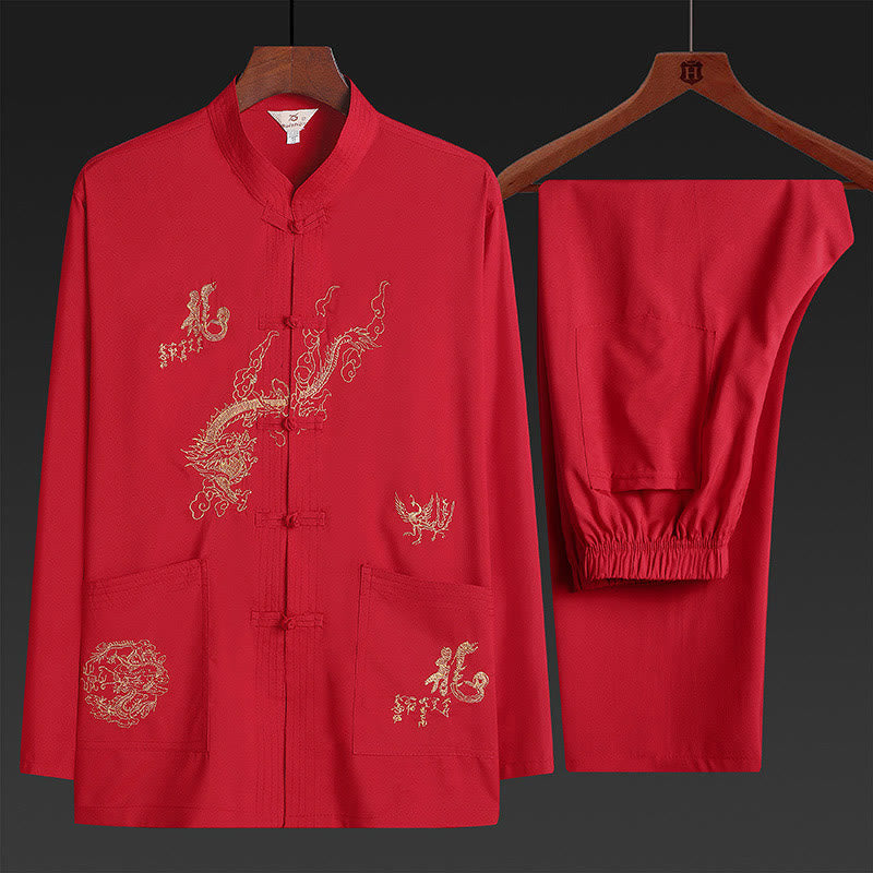 Buddha Stones Chinese New Year Embroidered Dragon Frog-button Tang Suit Hanfu Traditional Uniform Long Sleeve Top Pants Clothing Men's Set - Red - US/UK/AU42，EU52 (3XL) - image 0