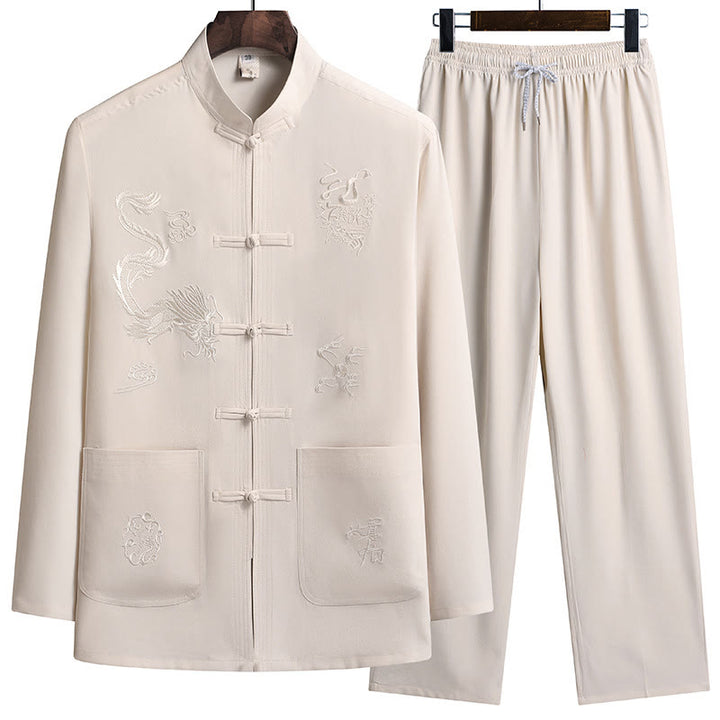 Buddha Stones Chinese New Year Embroidered Dragon Frog-button Tang Suit Hanfu Long Sleeve Top Pants Clothing Men's Set - LightGoldenrodYellow - US/UK/AU44，EU54 (4XL) - image 17