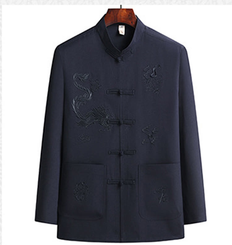 Buddha Stones Chinese New Year Embroidered Dragon Frog-button Tang Suit Hanfu Long Sleeve Top Pants Clothing Men's Set - image 9