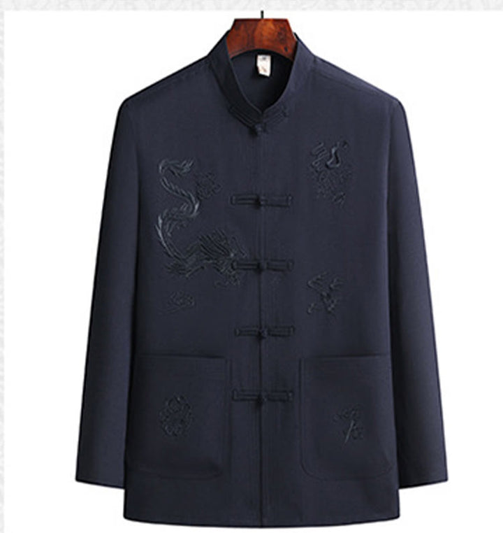 Buddha Stones Chinese New Year Embroidered Dragon Frog-button Tang Suit Hanfu Long Sleeve Top Pants Clothing Men's Set - image 9