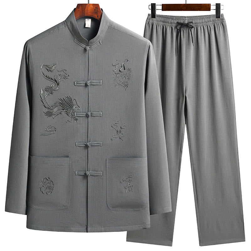 Buddha Stones Chinese New Year Embroidered Dragon Frog-button Tang Suit Hanfu Long Sleeve Top Pants Clothing Men's Set - DarkSeaGreen - US/UK/AU44，EU54 (4XL) - image 15