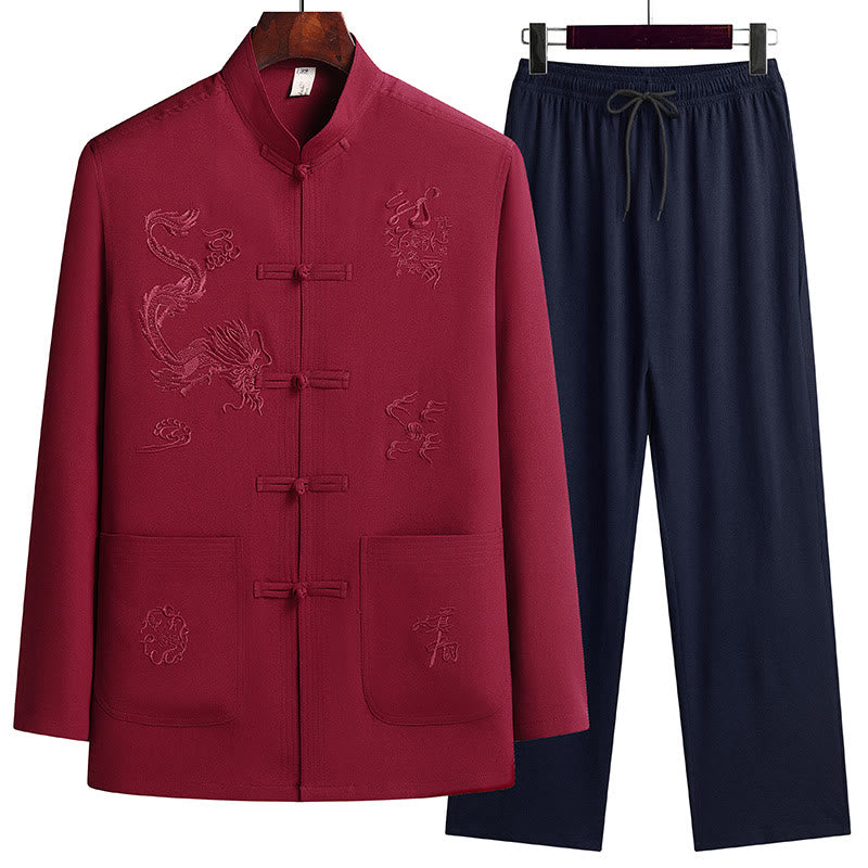Buddha Stones Chinese New Year Embroidered Dragon Frog-button Tang Suit Hanfu Long Sleeve Top Pants Clothing Men's Set - Red - US/UK/AU44，EU54 (4XL) - image 0