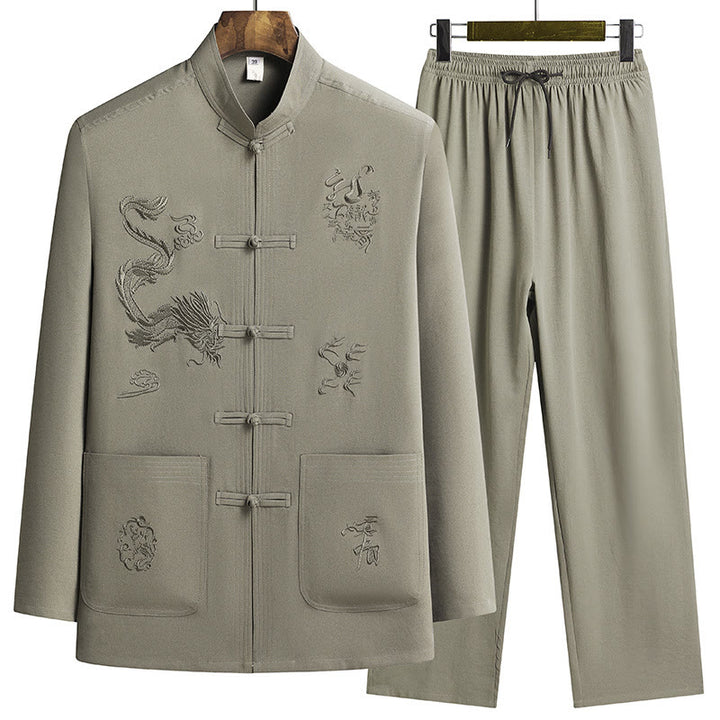 Buddha Stones Chinese New Year Embroidered Dragon Frog-button Tang Suit Hanfu Long Sleeve Top Pants Clothing Men's Set - YellowGreen - US/UK/AU44，EU54 (4XL) - image 19