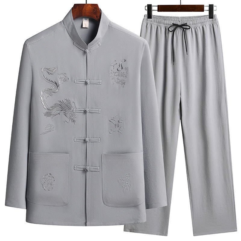 Buddha Stones Chinese New Year Embroidered Dragon Frog-button Tang Suit Hanfu Long Sleeve Top Pants Clothing Men's Set