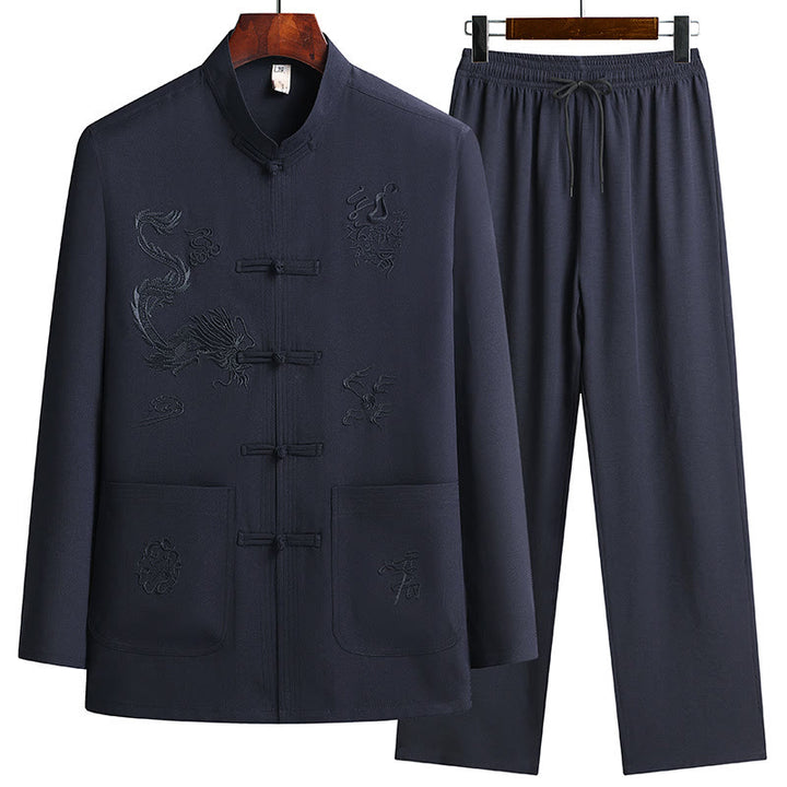 Buddha Stones Chinese New Year Embroidered Dragon Frog-button Tang Suit Hanfu Long Sleeve Top Pants Clothing Men's Set - DarkBlue - US/UK/AU44，EU54 (4XL) - image 8