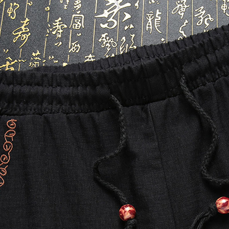 Buddha Stones Chinese New Year Embroidery Tang Suit Hanfu Traditional Uniform Long Sleeve Drawstring Cotton Top Pants Clothing Men's Set