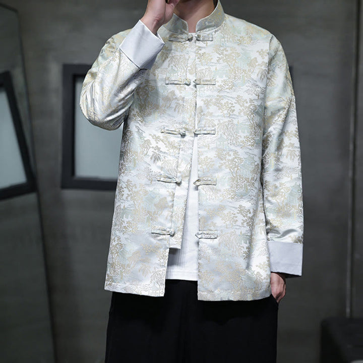 Buddha Stones Chinese New Year Clothes Jacquard Design Frog-button Tang Suit Men's Jacket Shirt