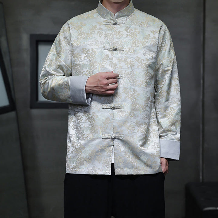 Buddha Stones Chinese New Year Clothes Jacquard Design Frog-button Tang Suit Men's Jacket Shirt