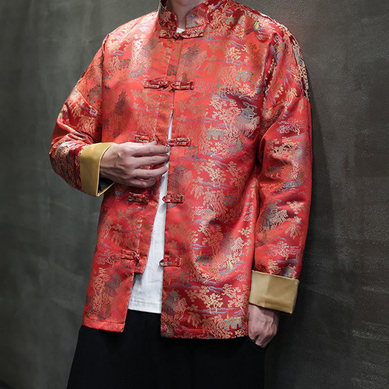 Buddha Stones Chinese New Year Clothes Jacquard Design Frog-button Tang Suit Men's Jacket Shirt