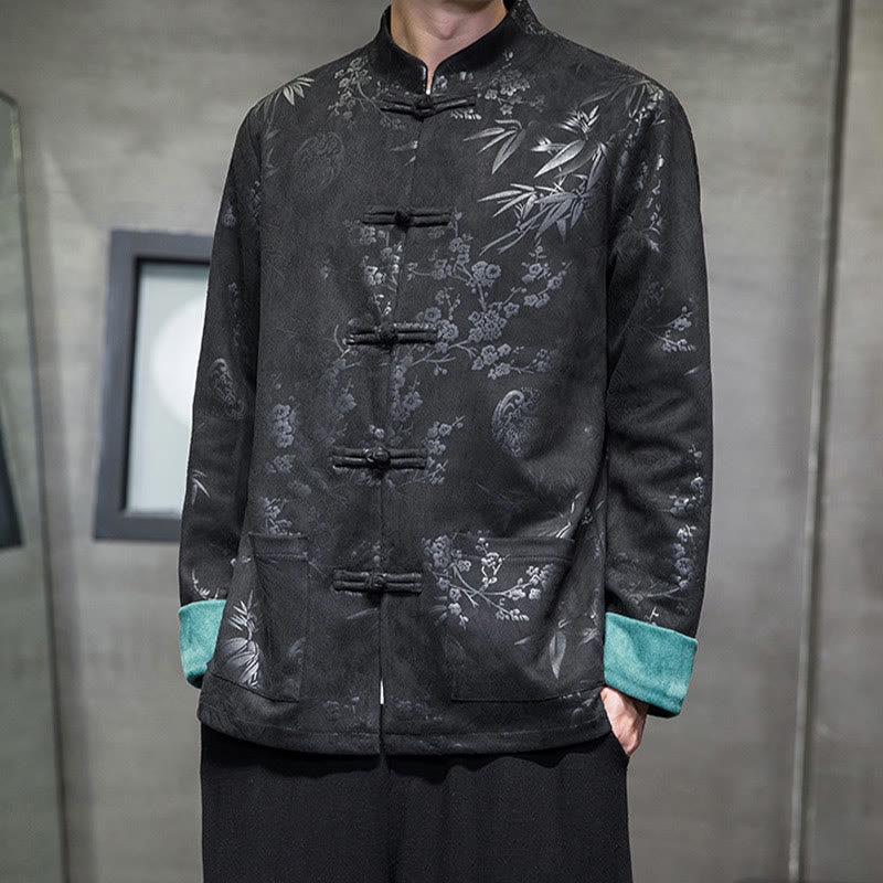 Buddha Stones Chinese New Year Clothes Flowers Bamboo Solid Color Cuff Frog-button Tang Suit Cotton Men's Jacket Shirt With Pockets - Black - US/UK/AU46，EU56 (5XL) - image 23