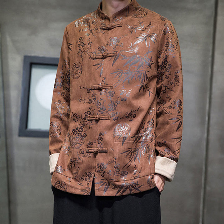 Buddha Stones Chinese New Year Clothes Flowers Bamboo Solid Color Cuff Frog-button Tang Suit Cotton Men's Jacket Shirt With Pockets - SaddleBrown - US/UK/AU46，EU56 (5XL) - image 10