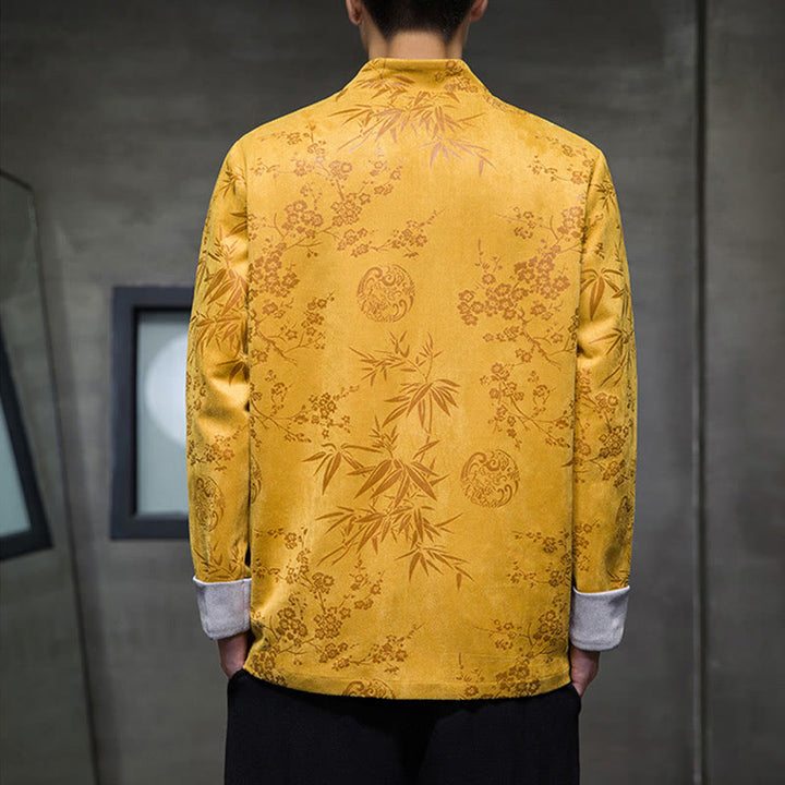 Buddha Stones Chinese New Year Clothes Flowers Bamboo Solid Color Cuff Frog-button Tang Suit Cotton Men's Jacket Shirt With Pockets - image 5