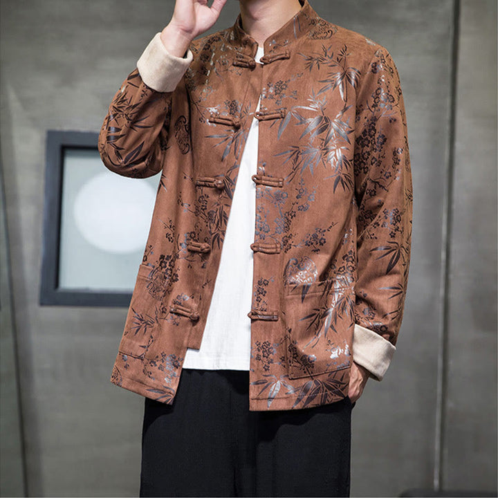 Buddha Stones Chinese New Year Clothes Flowers Bamboo Solid Color Cuff Frog-button Tang Suit Cotton Men's Jacket Shirt With Pockets - image 15