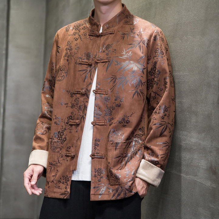 Buddha Stones Chinese New Year Clothes Flowers Bamboo Solid Color Cuff Frog-button Tang Suit Cotton Men's Jacket Shirt With Pockets - image 19