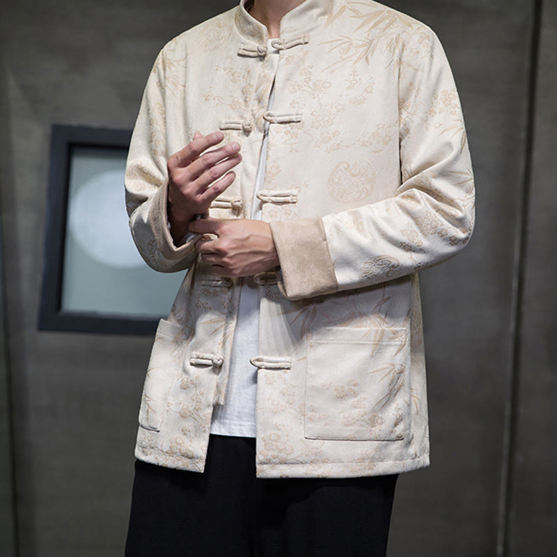 Buddha Stones Chinese New Year Clothes Flowers Bamboo Solid Color Cuff Frog-button Tang Suit Cotton Men's Jacket Shirt With Pockets - image 50