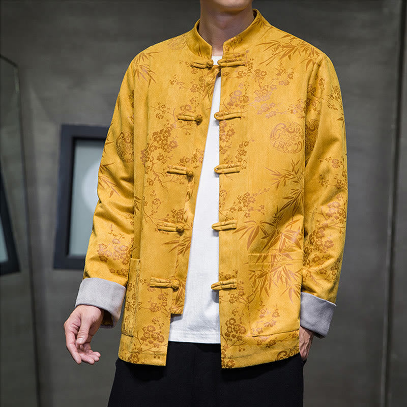 Buddha Stones Chinese New Year Clothes Flowers Bamboo Solid Color Cuff Frog-button Tang Suit Cotton Men's Jacket Shirt With Pockets - image 1