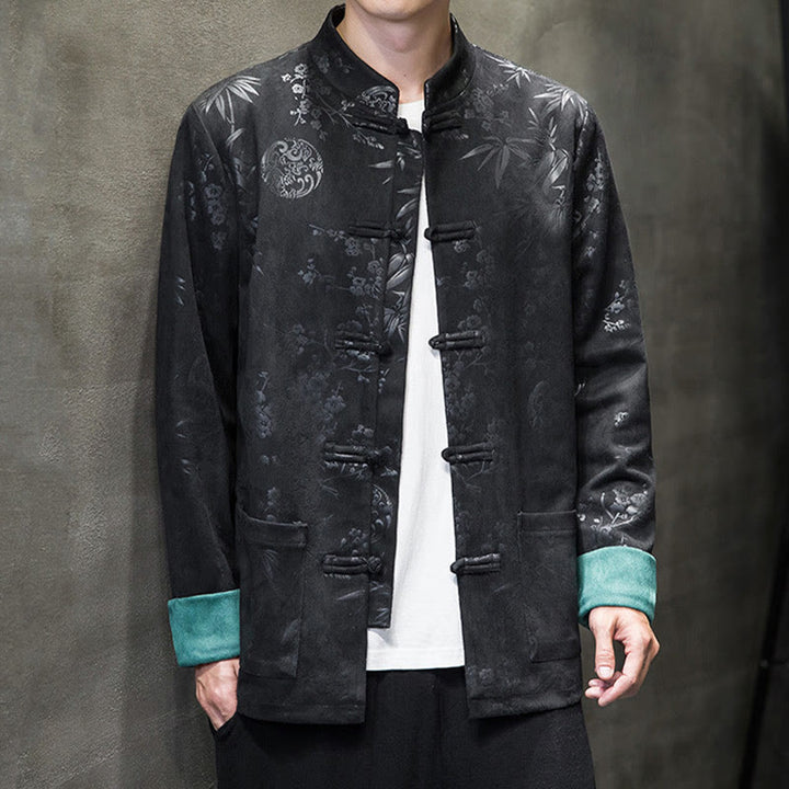 Buddha Stones Chinese New Year Clothes Flowers Bamboo Solid Color Cuff Frog-button Tang Suit Cotton Men's Jacket Shirt With Pockets - image 32