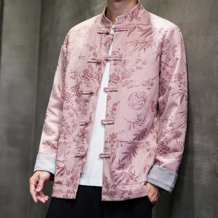 Buddha Stones Chinese New Year Clothes Flowers Bamboo Solid Color Cuff Frog-button Tang Suit Cotton Men's Jacket Shirt With Pockets - image 35