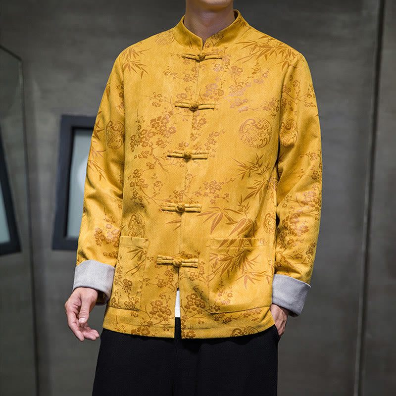 Buddha Stones Chinese New Year Clothes Flowers Bamboo Solid Color Cuff Frog-button Tang Suit Cotton Men's Jacket Shirt With Pockets - Gold - US/UK/AU46，EU56 (5XL) - image 0